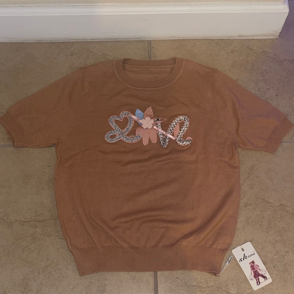 Brown Short Sleeve Sweater with Love Design